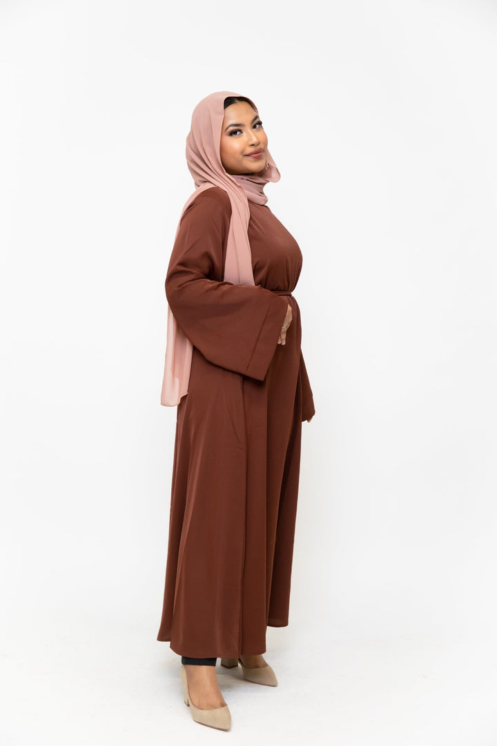 Brown kimono sleeve abaya maxi dress with pink hijab