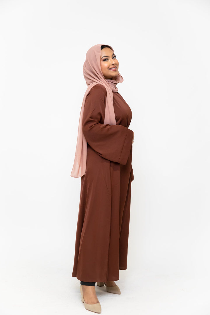 Brown kimono sleeve abaya maxi dress with pink hijab