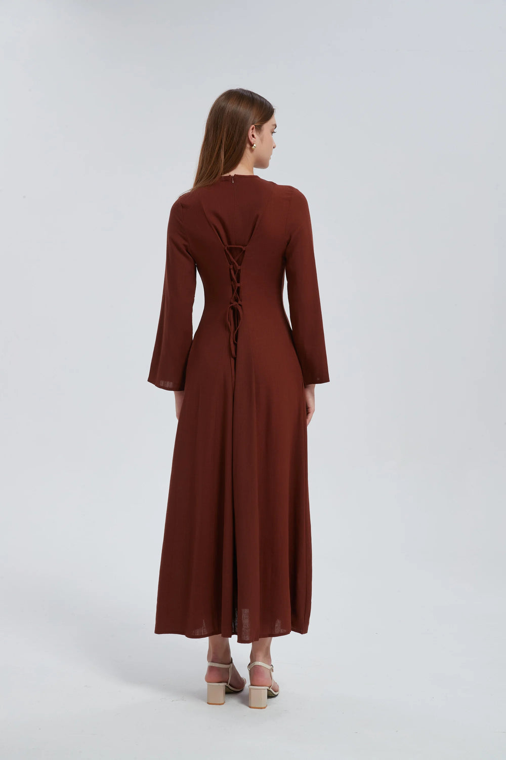 Brown Linen Lace Up Maxi Dress One Size S L / Brown