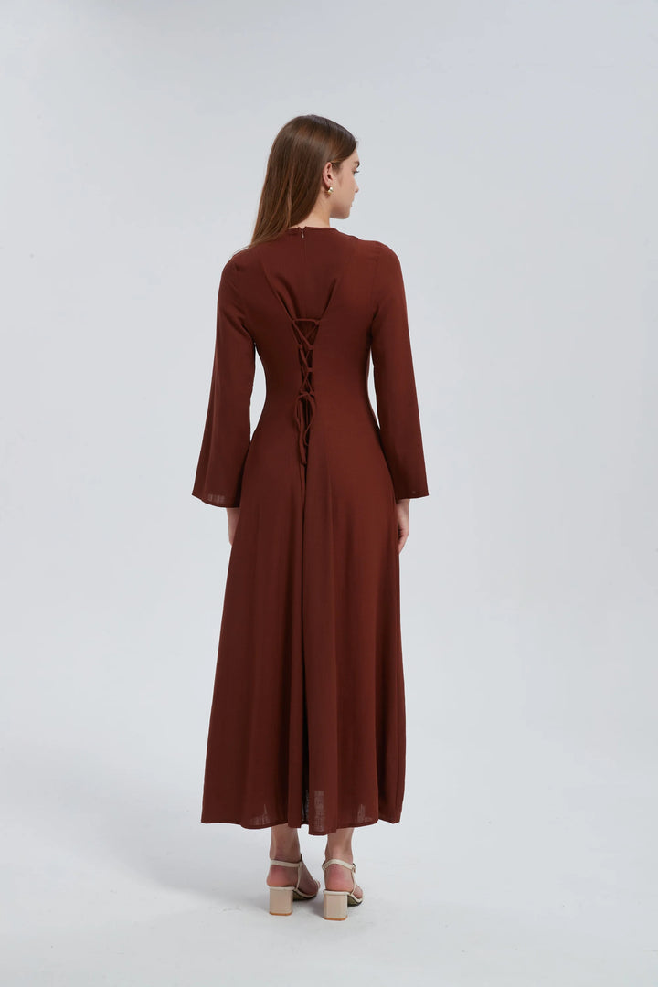 Brown Linen Lace Up Maxi Dress One Size S L / Brown