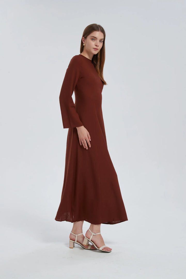 Brown Linen Lace Up Maxi Dress One Size S L / Brown