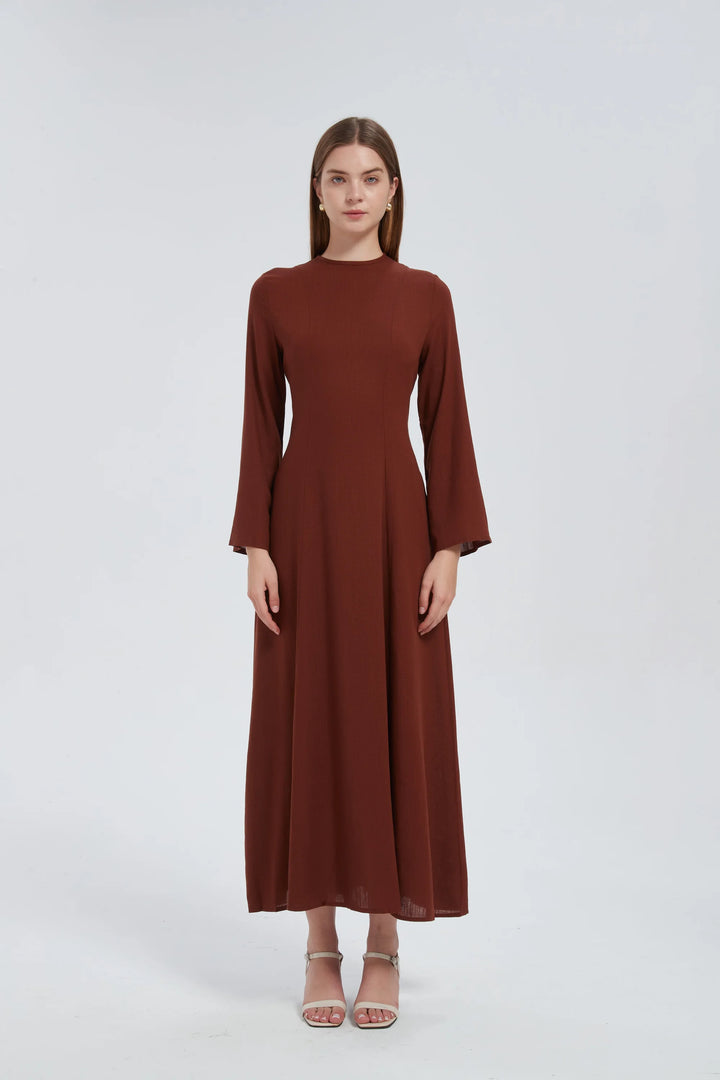Brown Linen Lace Up Maxi Dress One Size S L / Brown