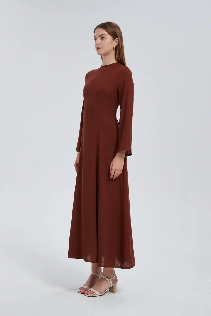 Brown Linen Lace Up Maxi Dress One Size S L / Brown