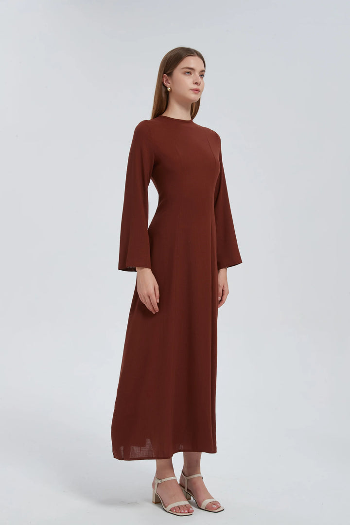 Brown Linen Lace Up Maxi Dress One Size S L / Brown