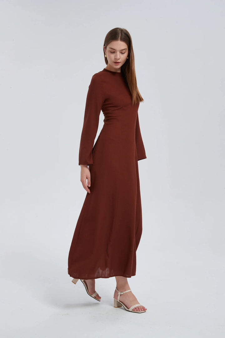 Brown Linen Lace Up Maxi Dress One Size S L / Brown