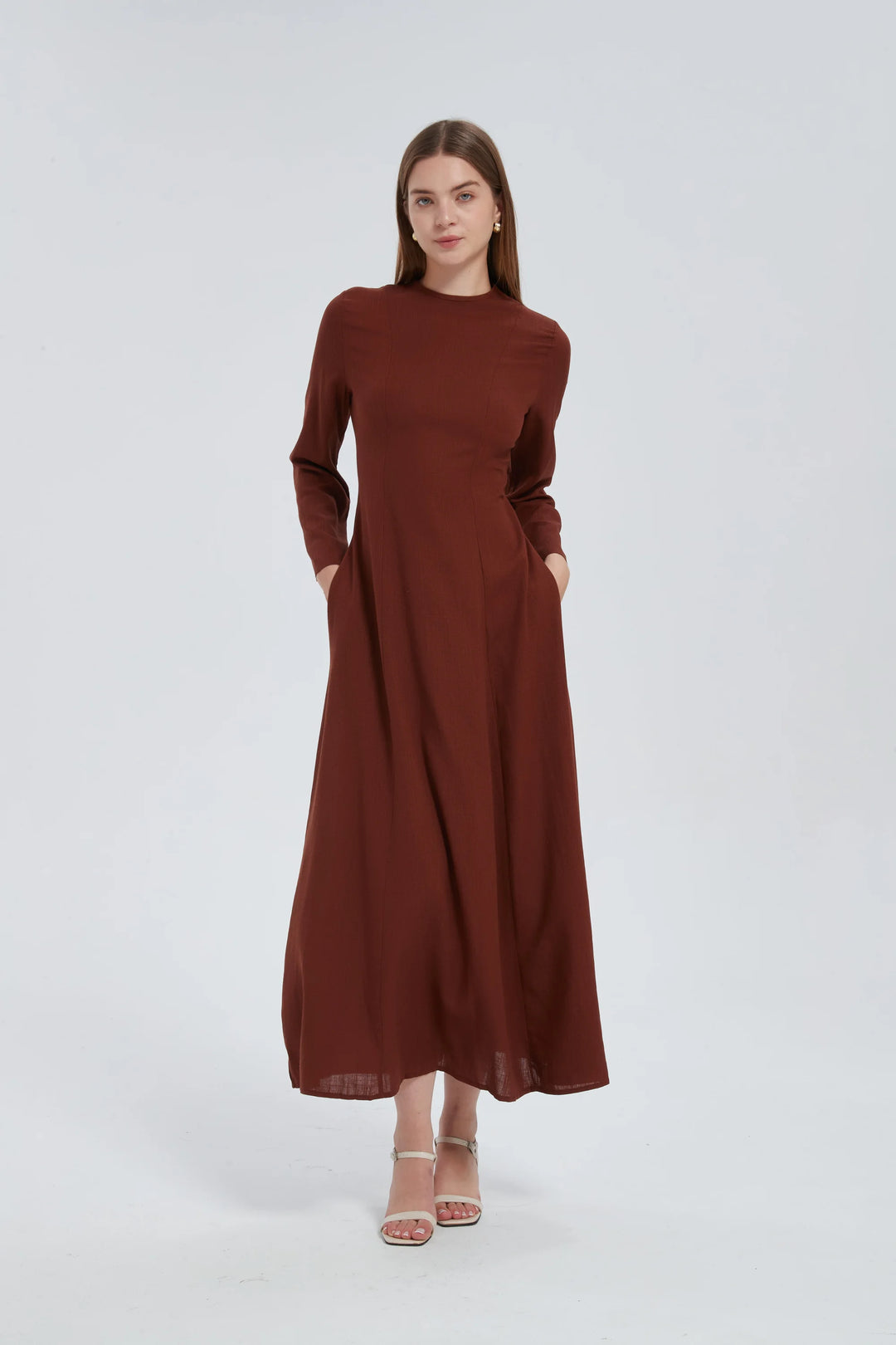 Brown Linen Lace Up Maxi Dress One Size S L / Brown