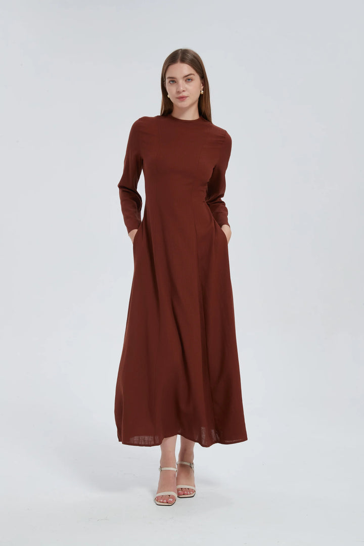Brown Linen Lace Up Maxi Dress One Size S L / Brown