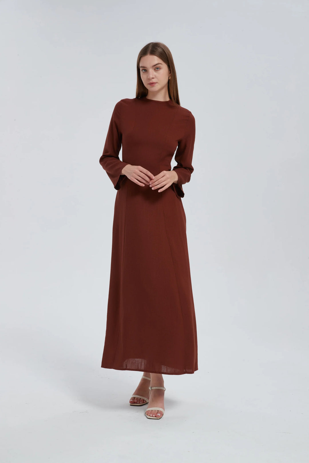 Brown Linen Lace Up Maxi Dress One Size S L / Brown