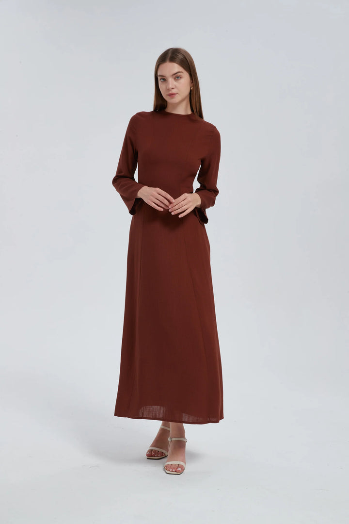 Brown Linen Lace Up Maxi Dress One Size S L / Brown