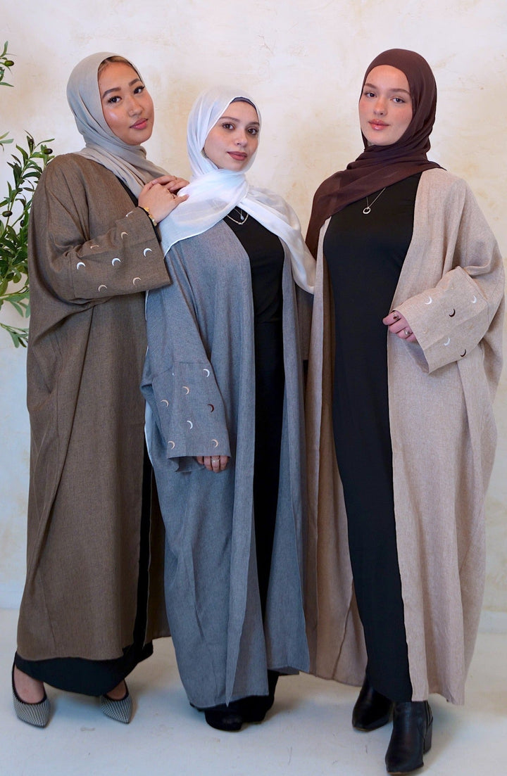 Brown Moon Embroidered Open Front Abaya