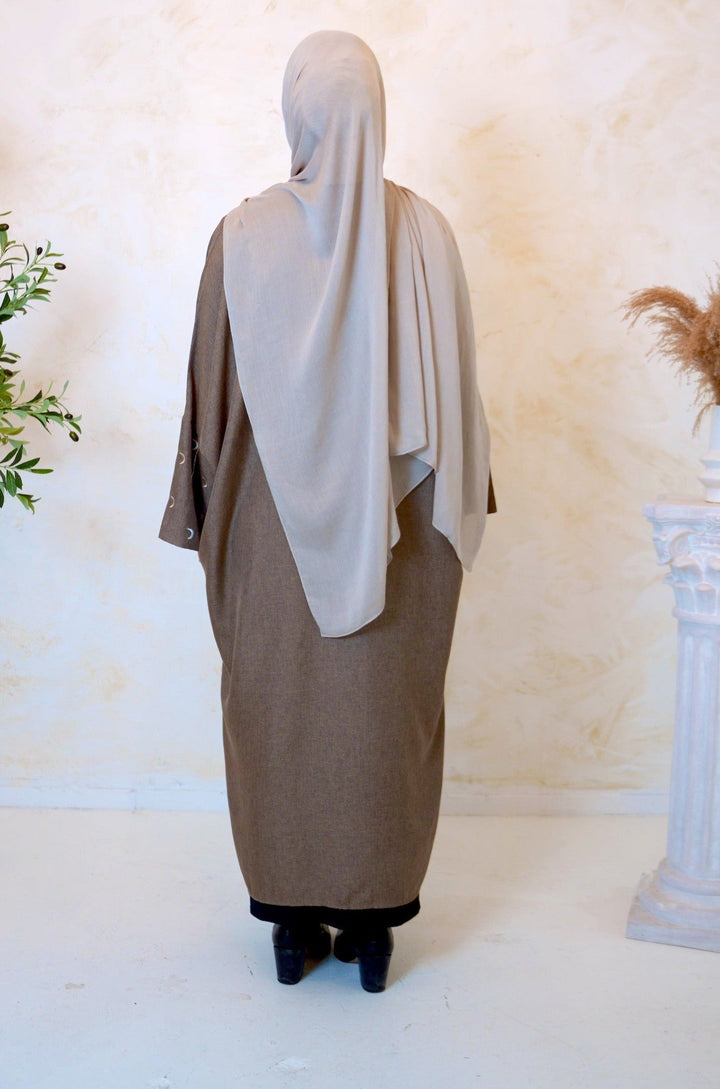 Brown Moon Embroidered Open Front Abaya