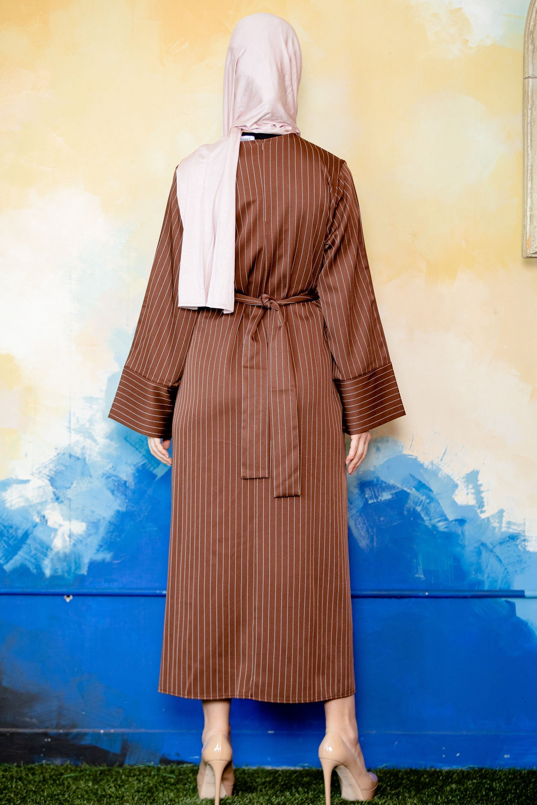 Brown Pinstripe Kimono Sleeve Abaya-CLEARANCE