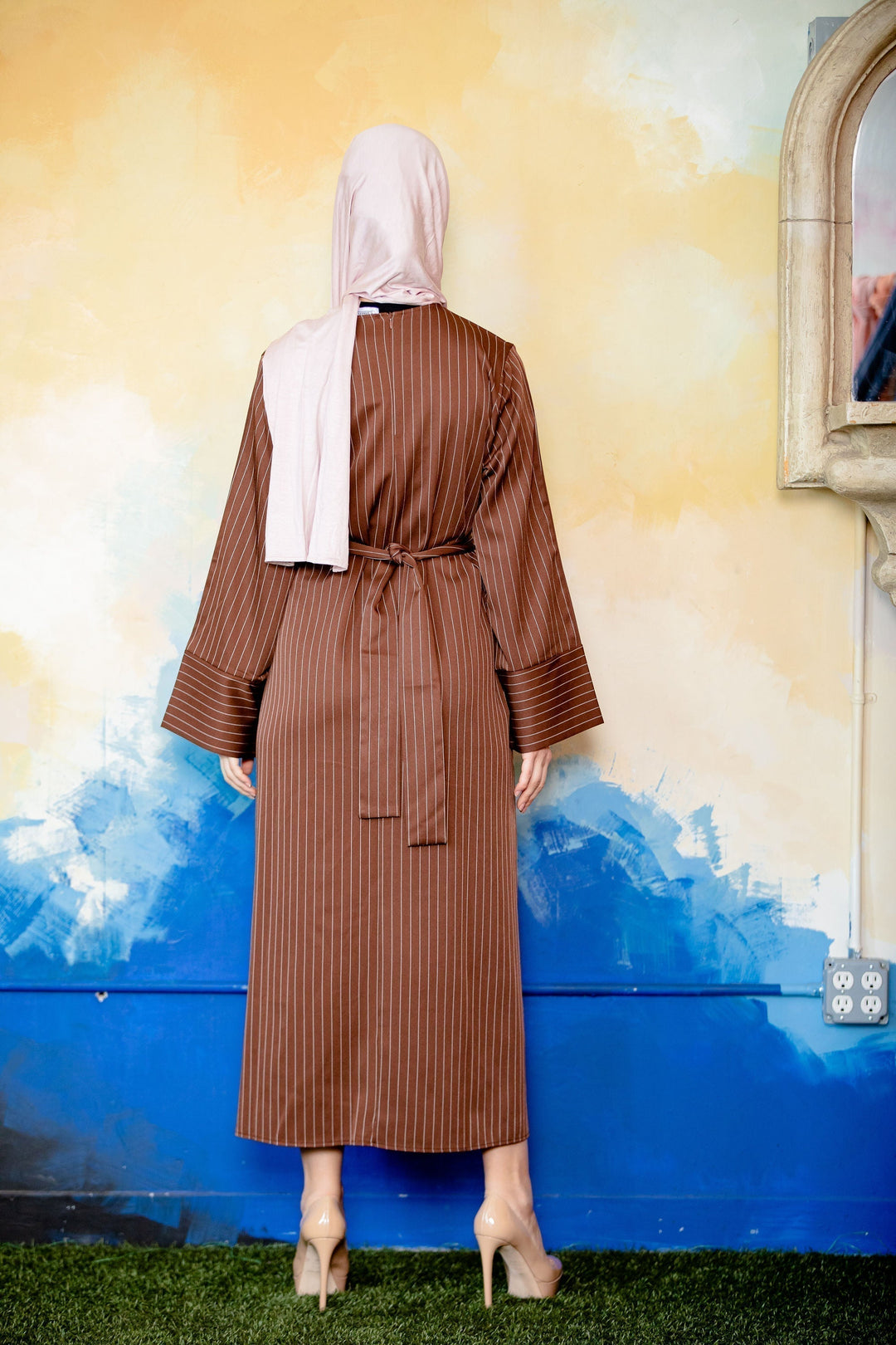 Brown Pinstripe Kimono Sleeve Abaya-CLEARANCE