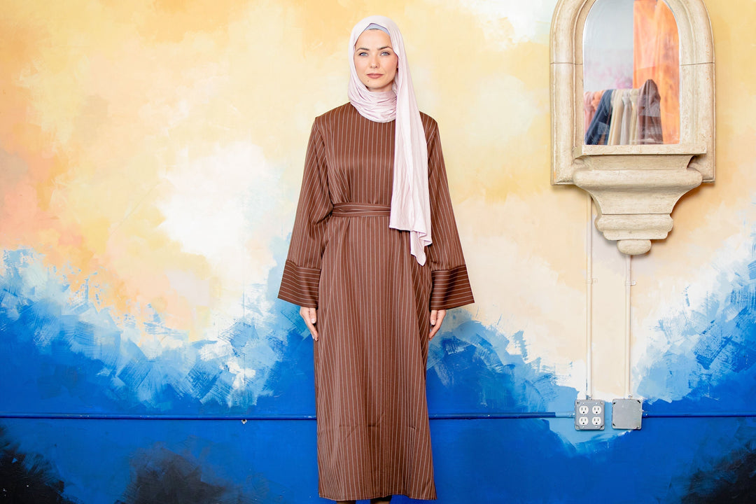 Brown Pinstripe Kimono Sleeve Abaya-CLEARANCE