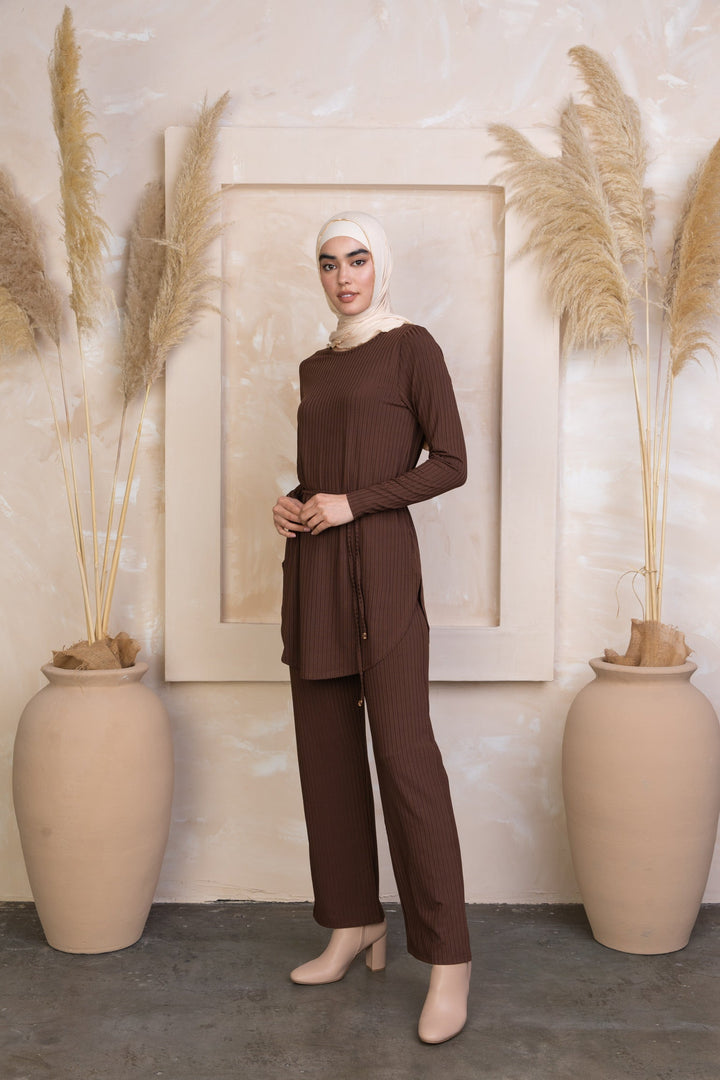 Brown Ribbed Tunic & Pants Set-PREORDER