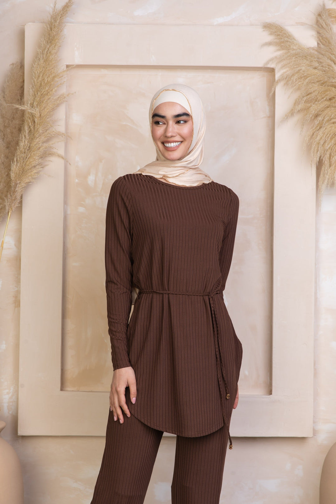 Brown Ribbed Tunic & Pants Set-PREORDER