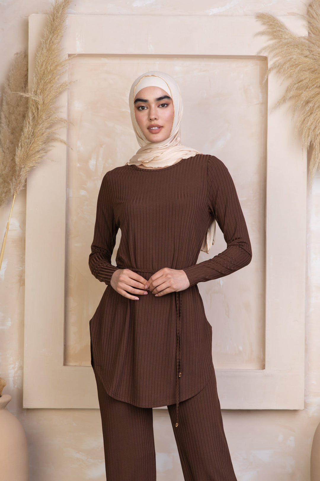 Brown Ribbed Tunic & Pants Set-PREORDER