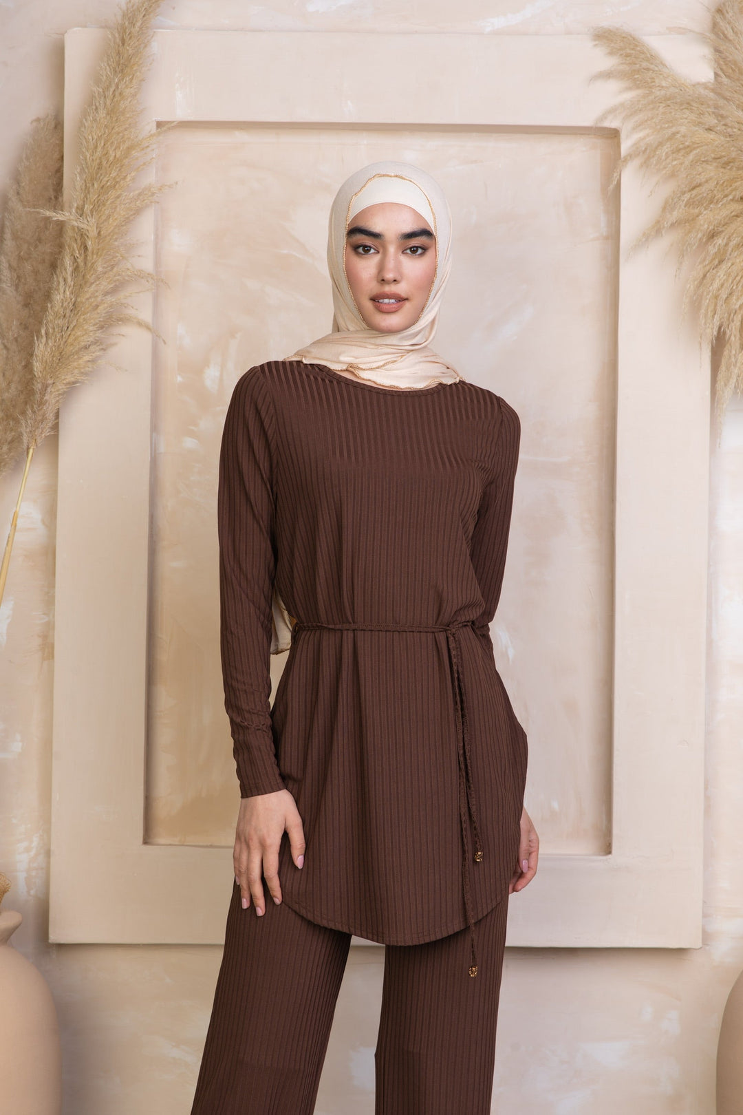 Brown Ribbed Tunic & Pants Set-PREORDER