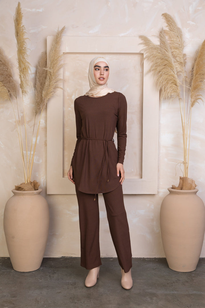 Brown Ribbed Tunic & Pants Set-PREORDER