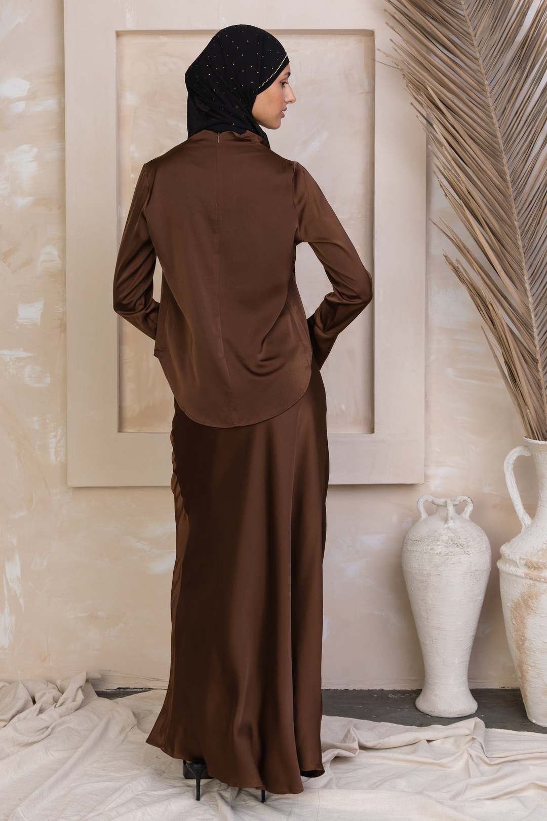 Brown Satin Long Sleeve Shirt and Skirt Set-PREORDER