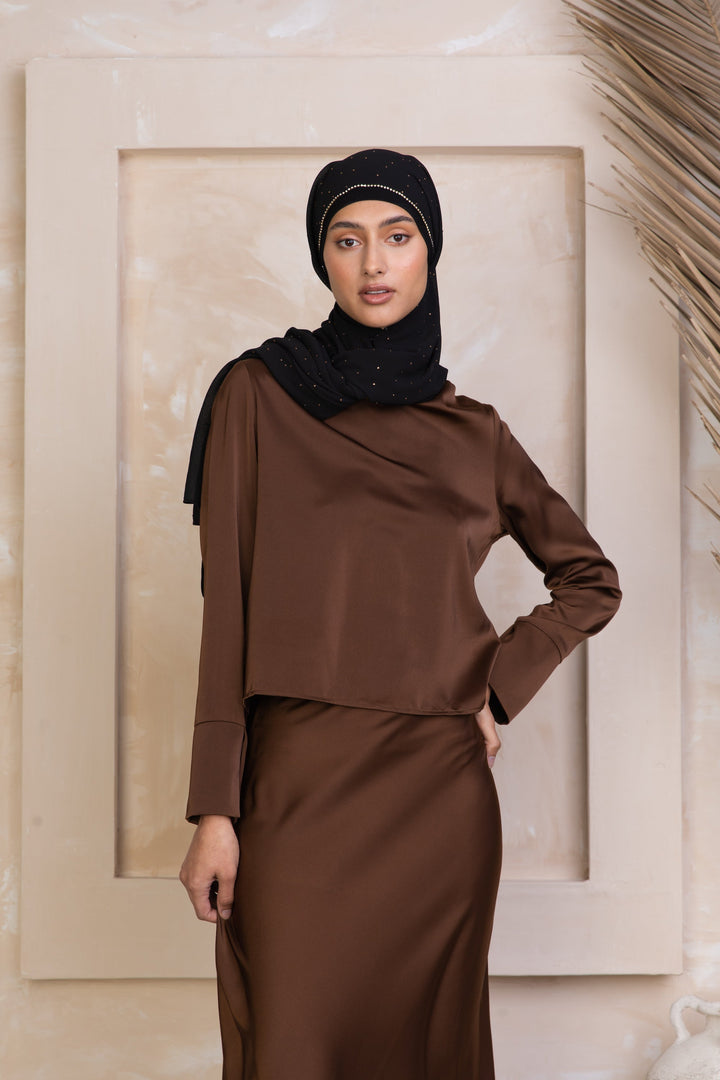 Brown Satin Long Sleeve Shirt and Skirt Set-PREORDER