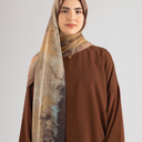 Brown Tie Dye Chiffon Hijab on woman, ethically made in Egypt, premium chiffon, 85cm x 180cm rectangle, medium weight, opaque when layered.