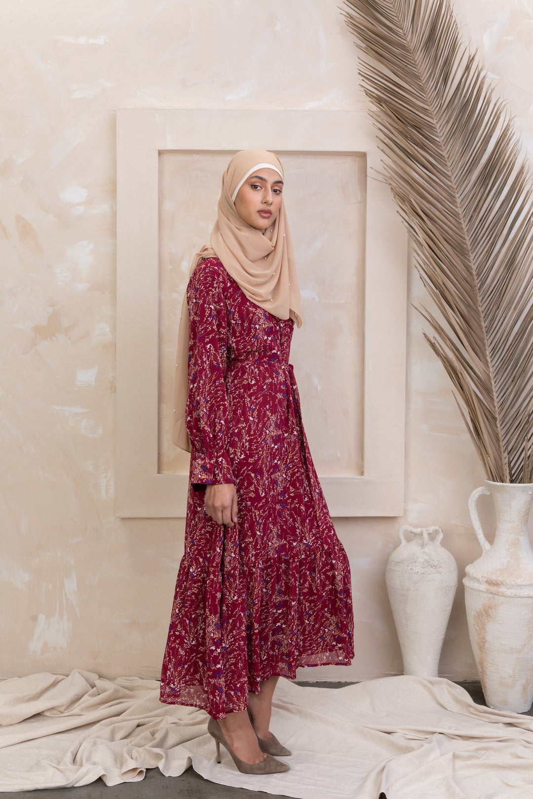 Burgundy Bell Sleeve Floral Maxi Dress - Urban Modesty