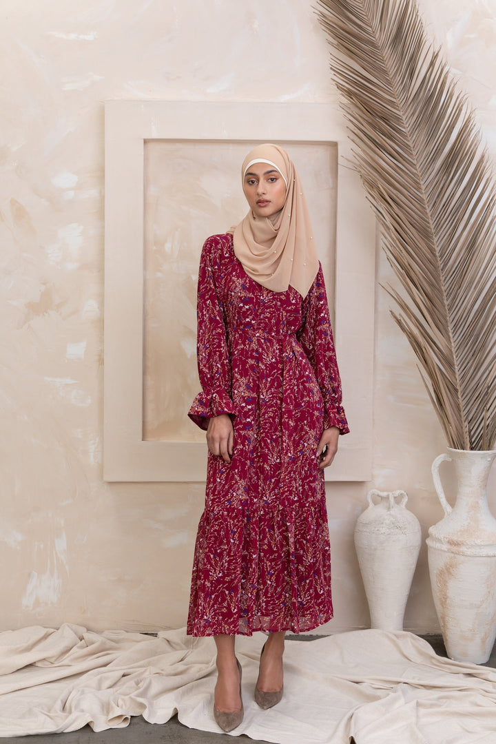 Burgundy Bell Sleeve Floral Maxi Dress - Urban Modesty