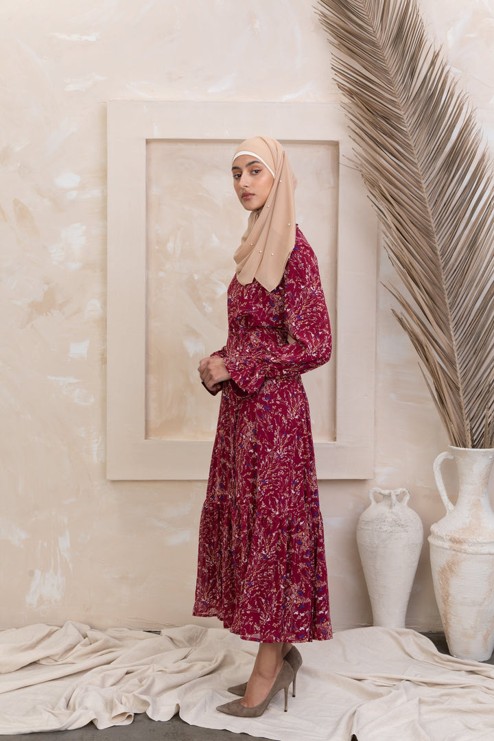 Burgundy Bell Sleeve Floral Maxi Dress - Urban Modesty