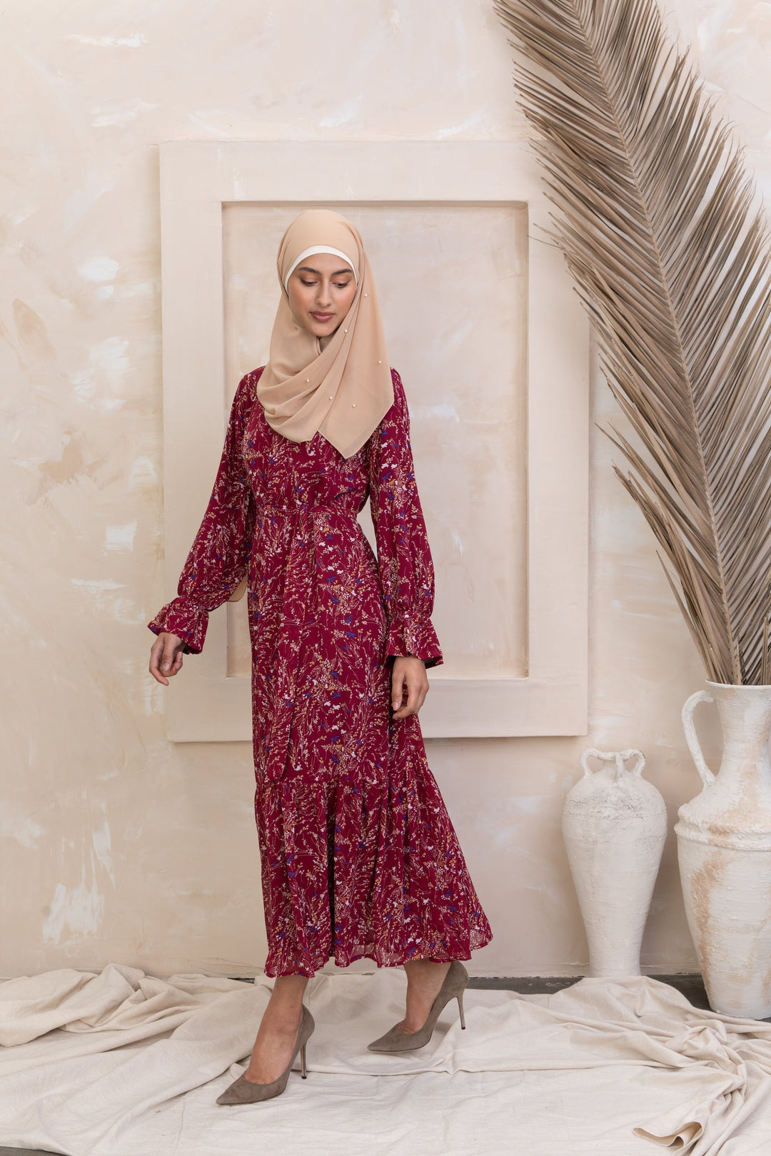 Burgundy Bell Sleeve Floral Maxi Dress - Urban Modesty