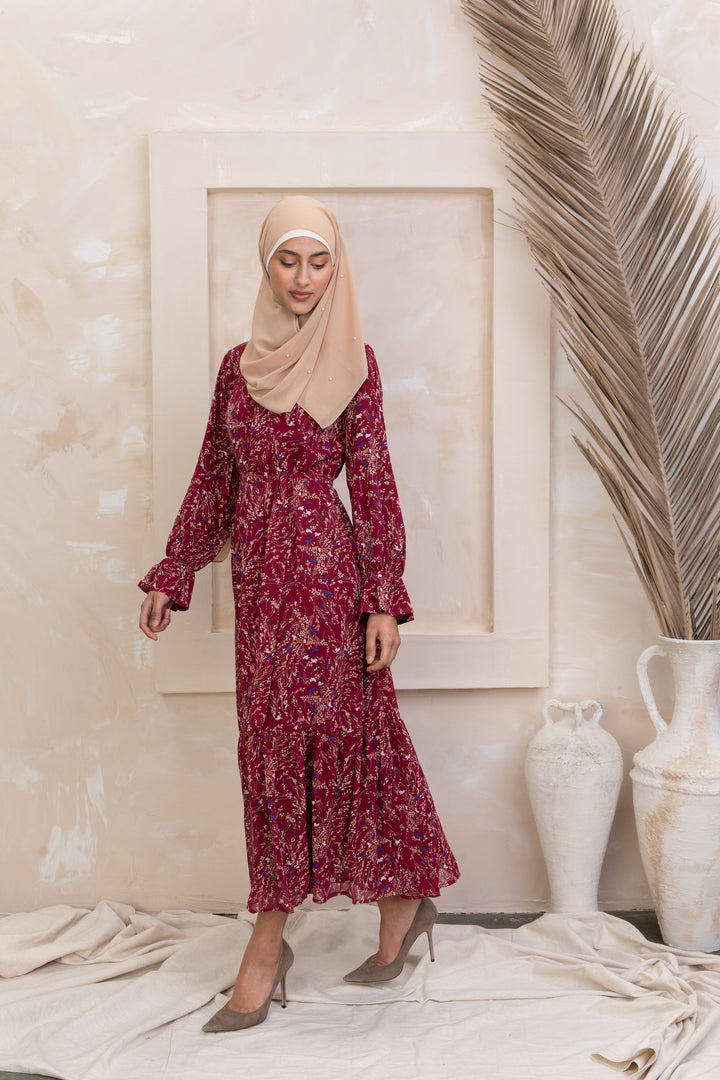 Burgundy Bell Sleeve Floral Maxi Dress - Urban Modesty