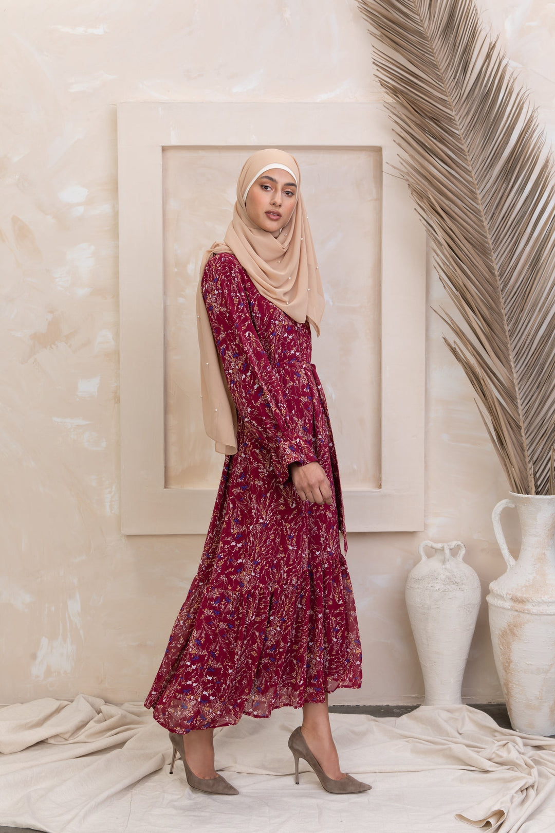 Burgundy Bell Sleeve Floral Maxi Dress - Urban Modesty