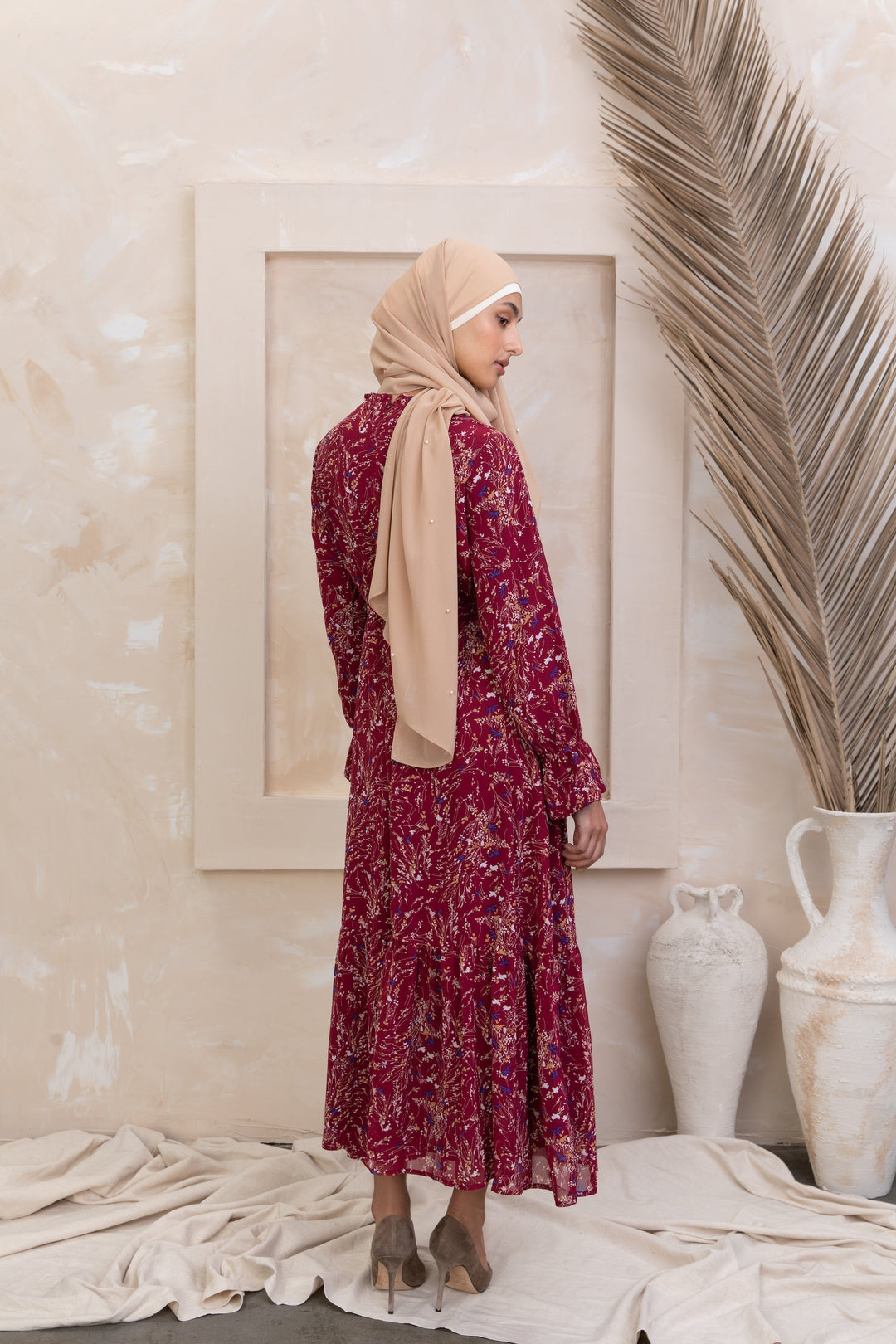 Burgundy Bell Sleeve Floral Maxi Dress - Urban Modesty