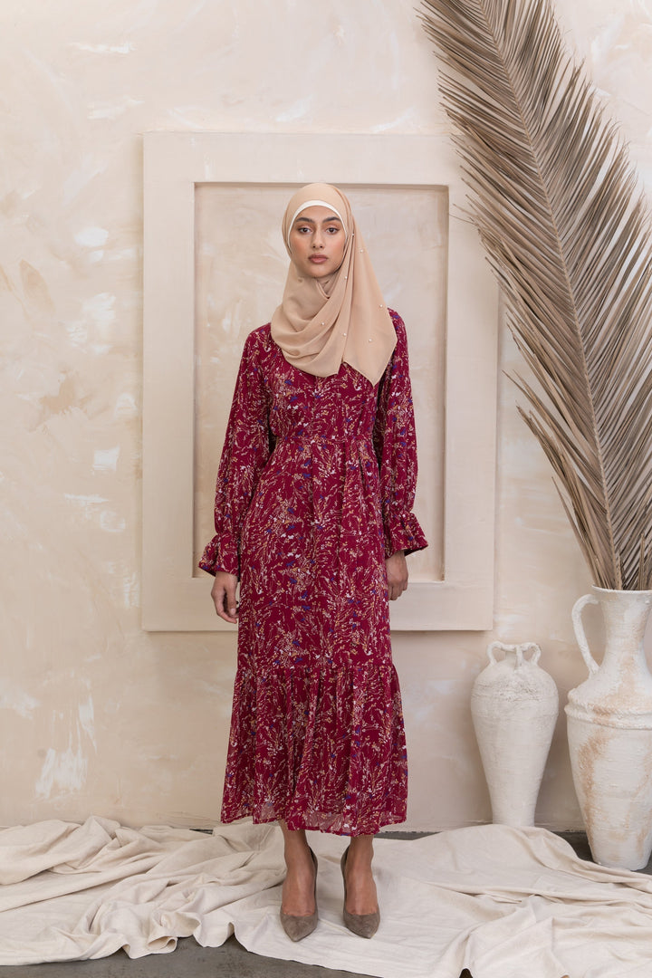 Burgundy Bell Sleeve Floral Maxi Dress - Urban Modesty