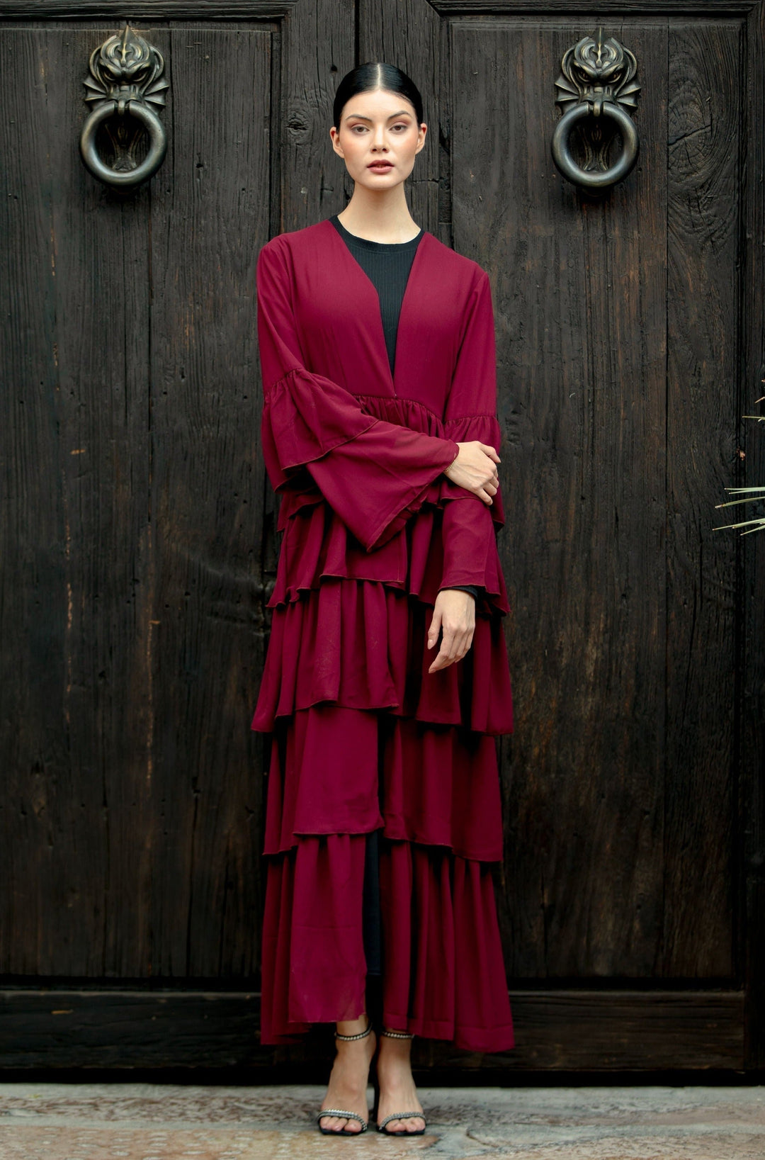 Burgundy Cascading Ruffles Open Front Abaya-CLEARANCE