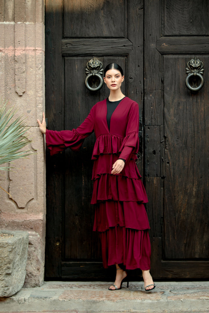 Burgundy Cascading Ruffles Open Front Abaya-CLEARANCE