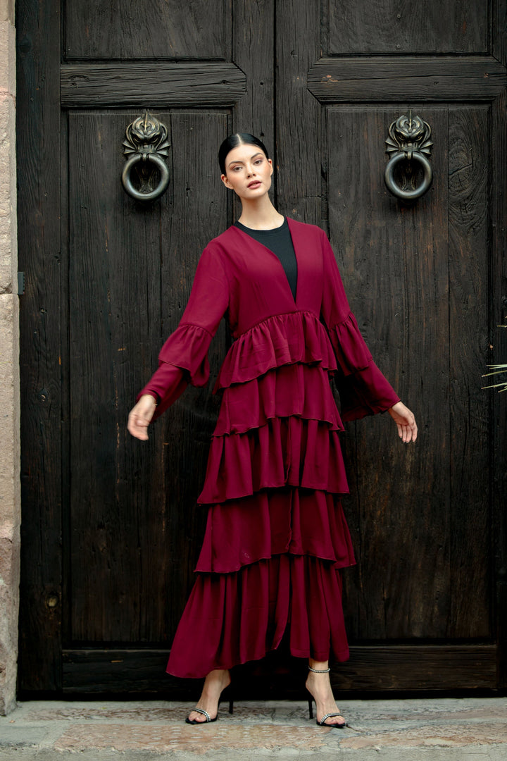 Burgundy Cascading Ruffles Open Front Abaya-CLEARANCE