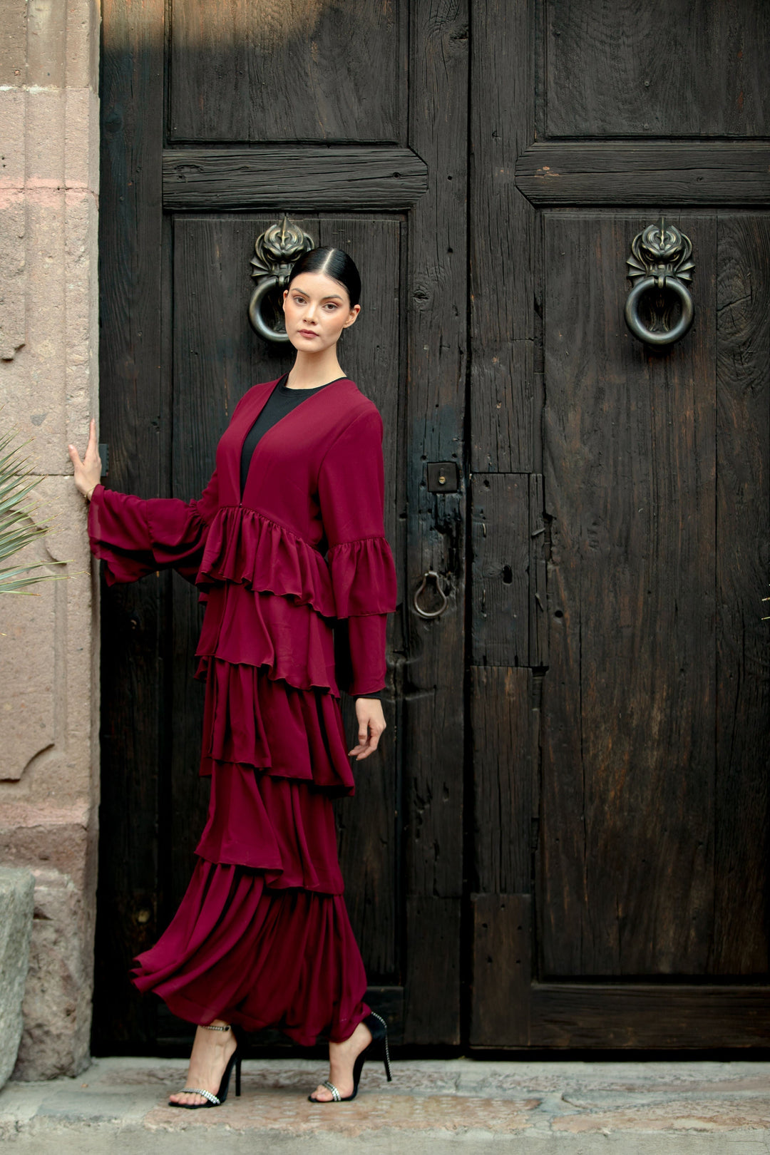 Burgundy Cascading Ruffles Open Front Abaya-CLEARANCE