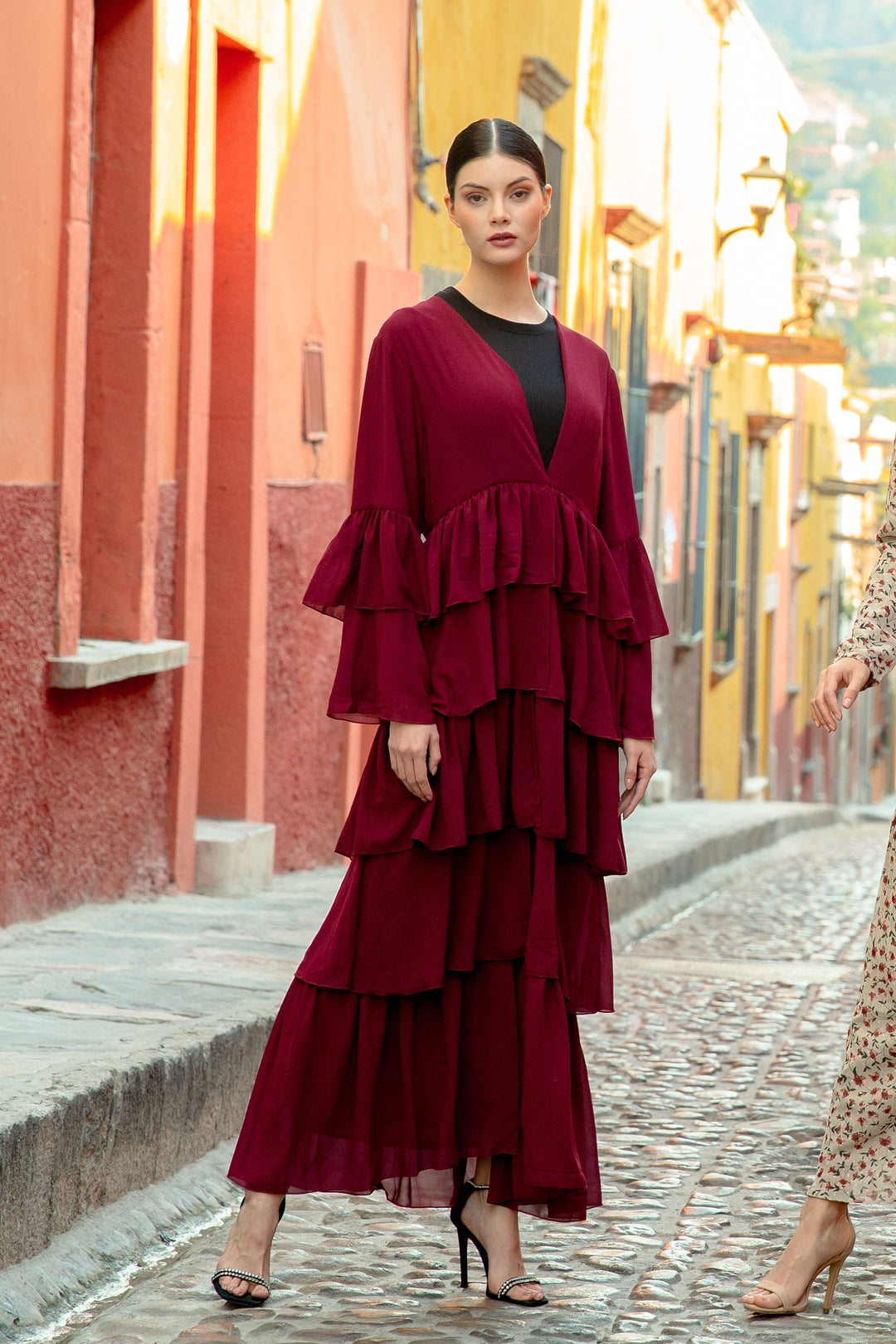 Burgundy Cascading Ruffles Open Front Abaya-CLEARANCE