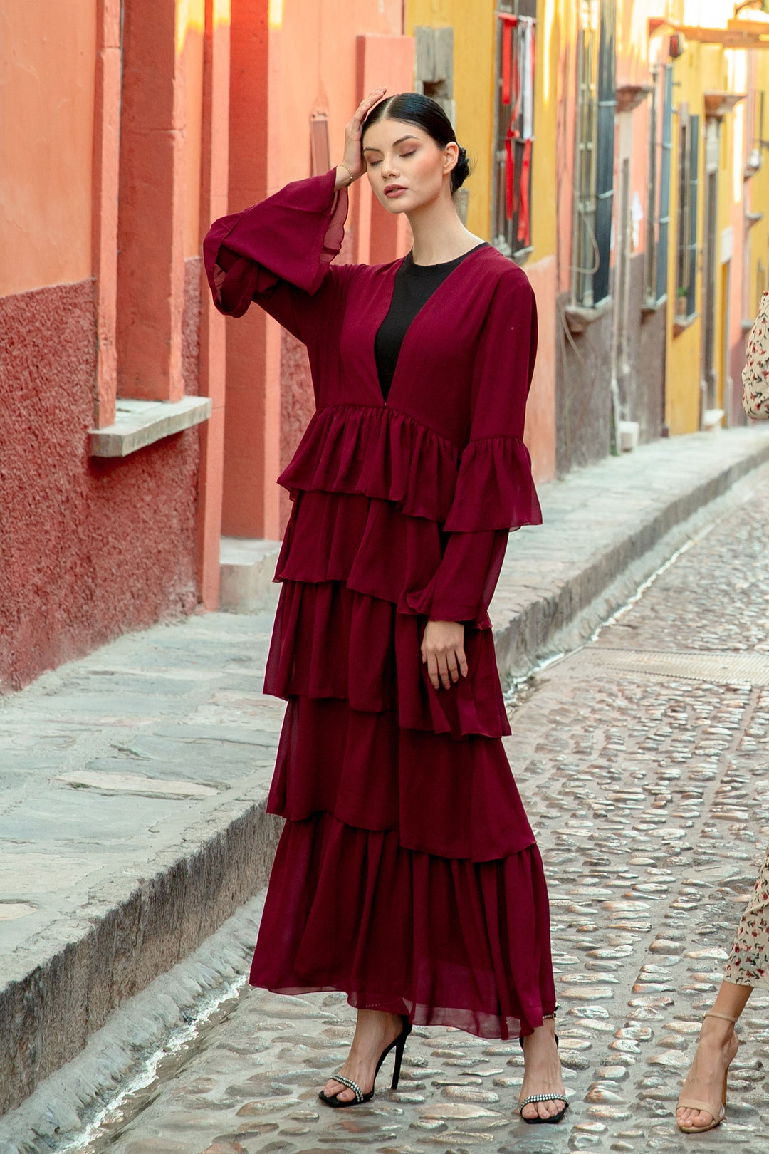 Burgundy Cascading Ruffles Open Front Abaya-CLEARANCE