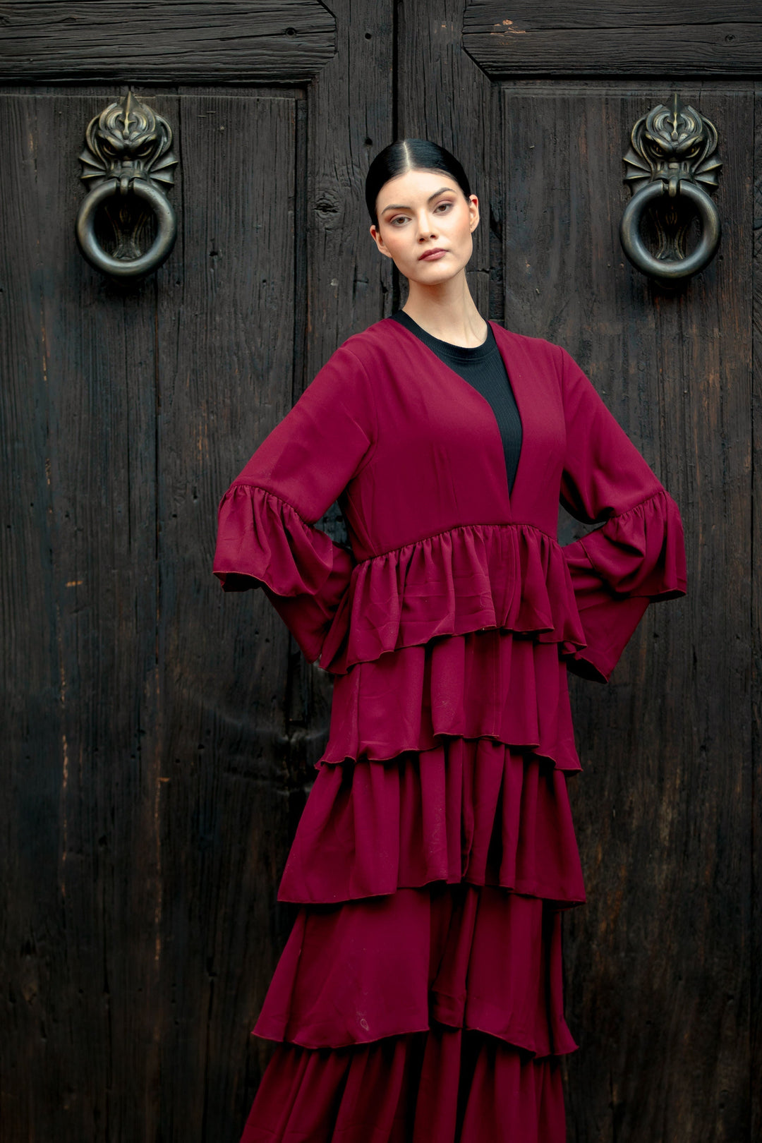 Burgundy Cascading Ruffles Open Front Abaya-CLEARANCE