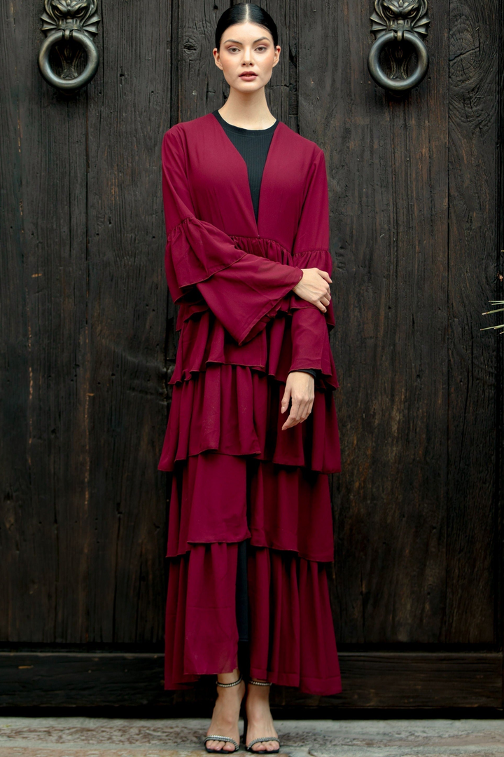 Burgundy Cascading Ruffles Open Front Abaya-CLEARANCE