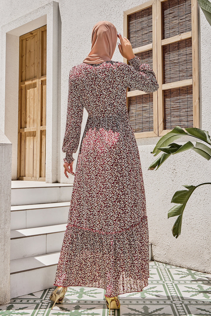 Burgundy Collared Button Down Floral Dress