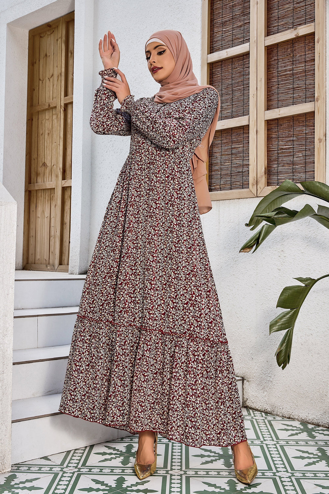 Burgundy Collared Button Down Floral Dress