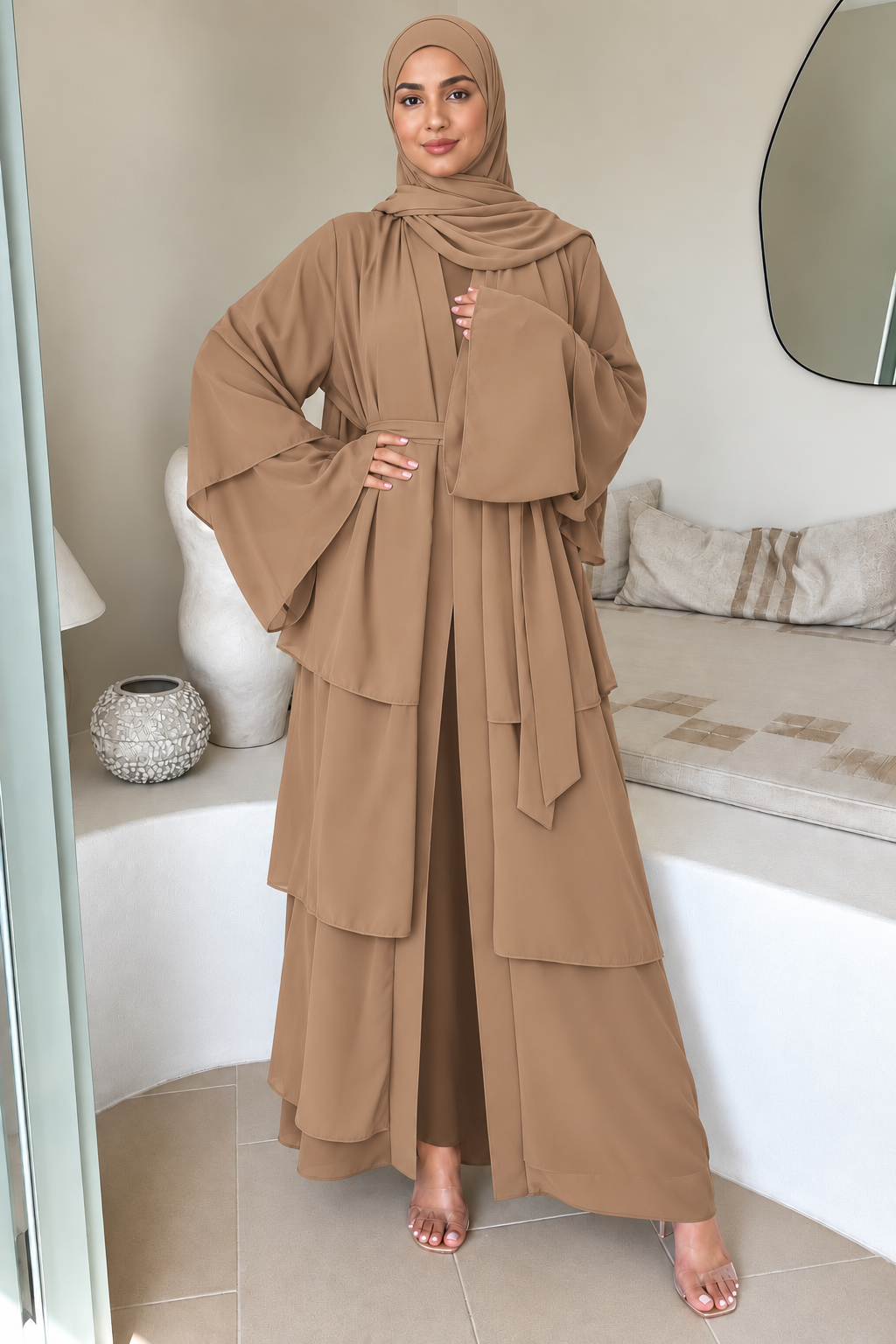 Coffee Tiered Open Abaya and Hijab Set