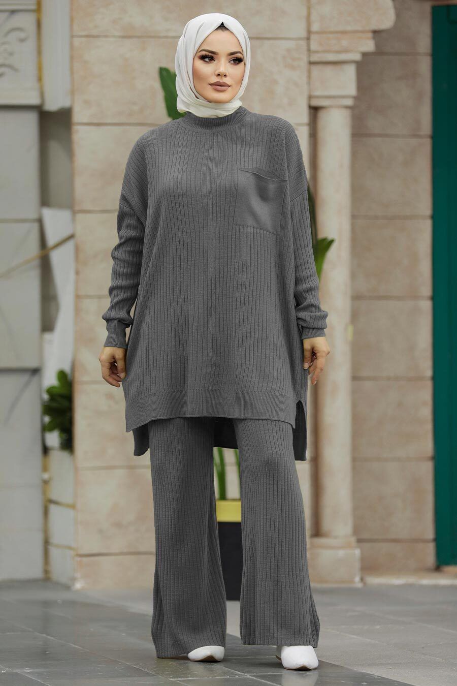 Gray Ribbed Pocket Tunic and Pants Set - Urban Modesty