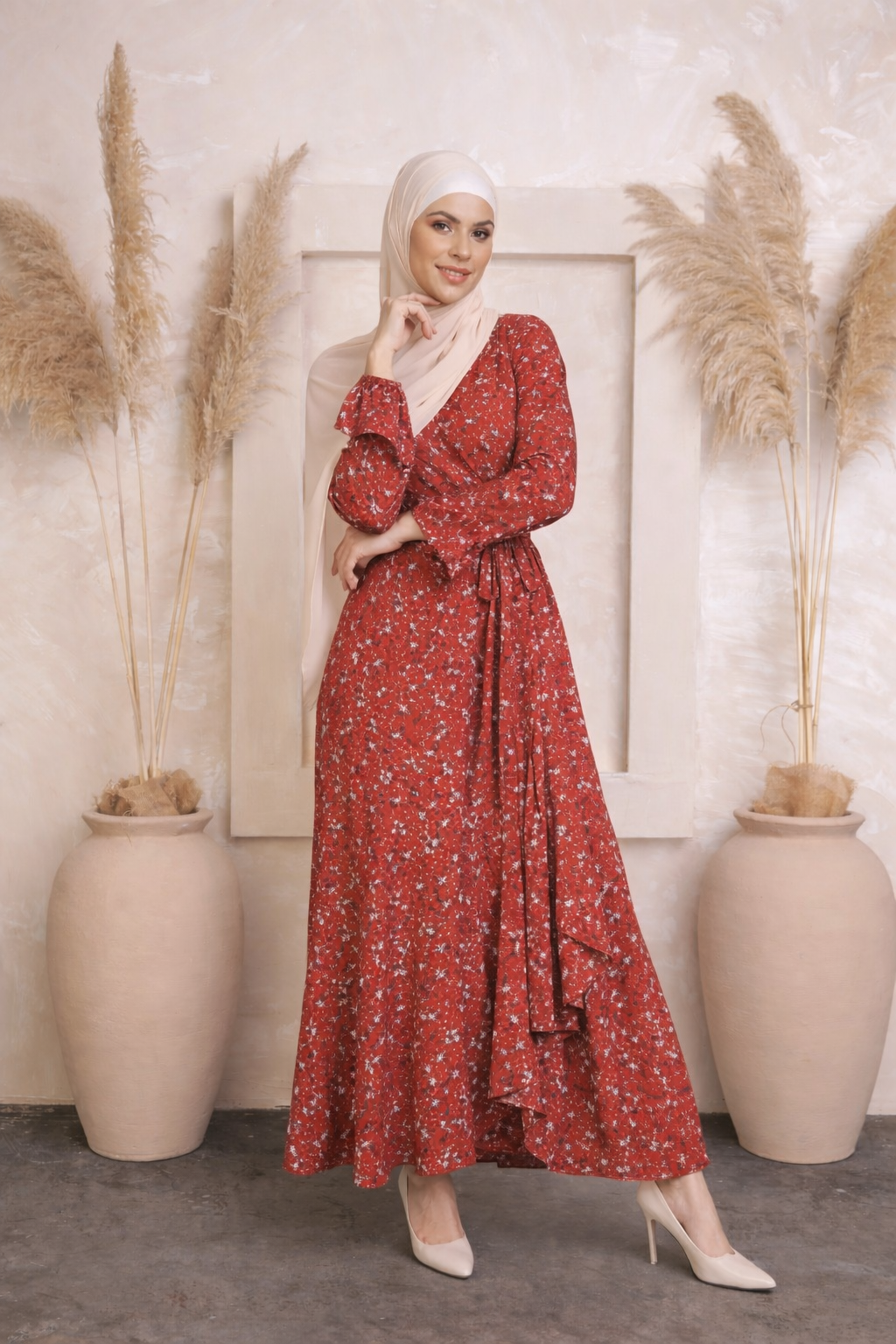 Maroon Ruffle Wrap Maxi Dress