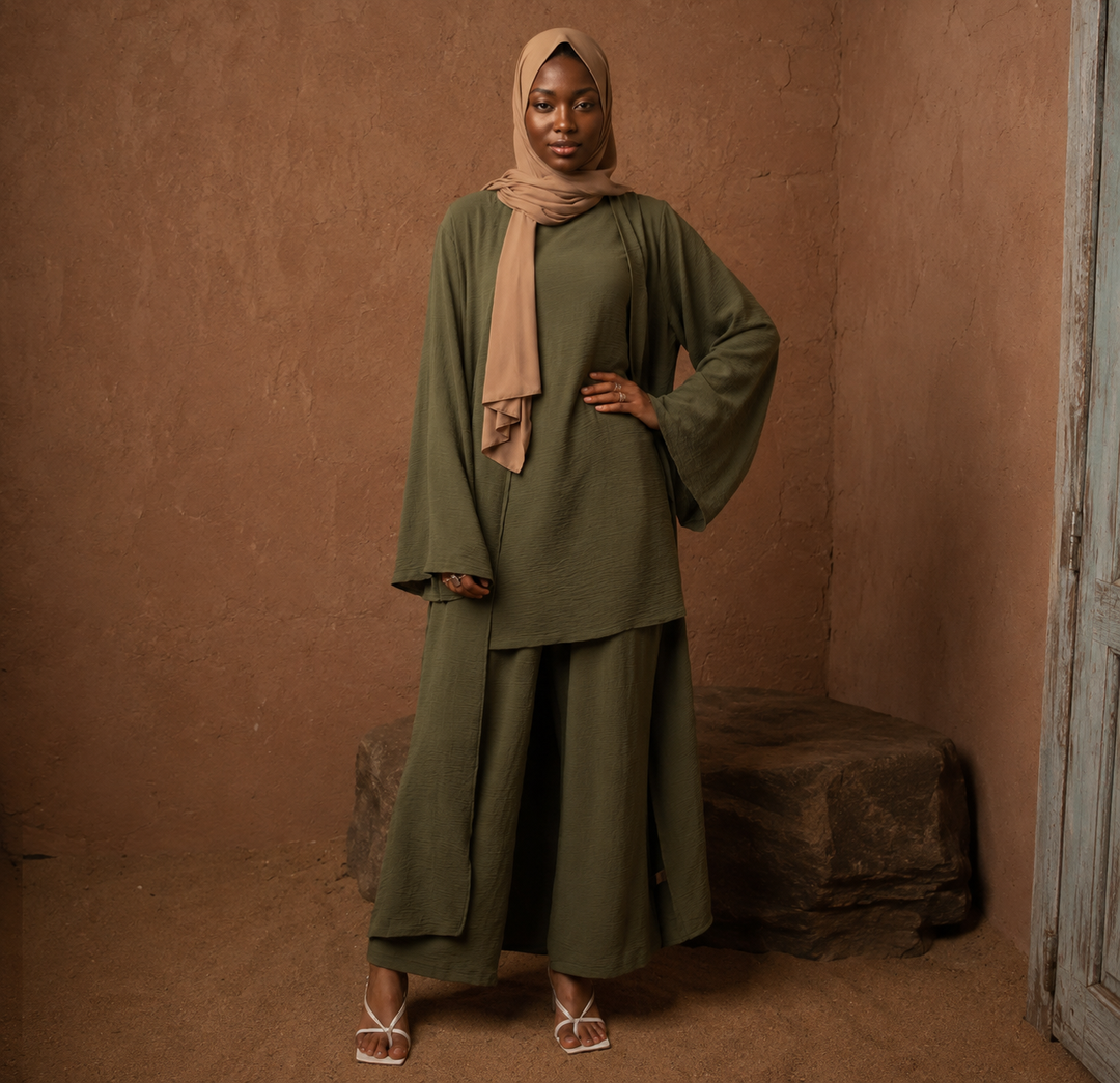 Olive Three Piece Pants Abaya Set