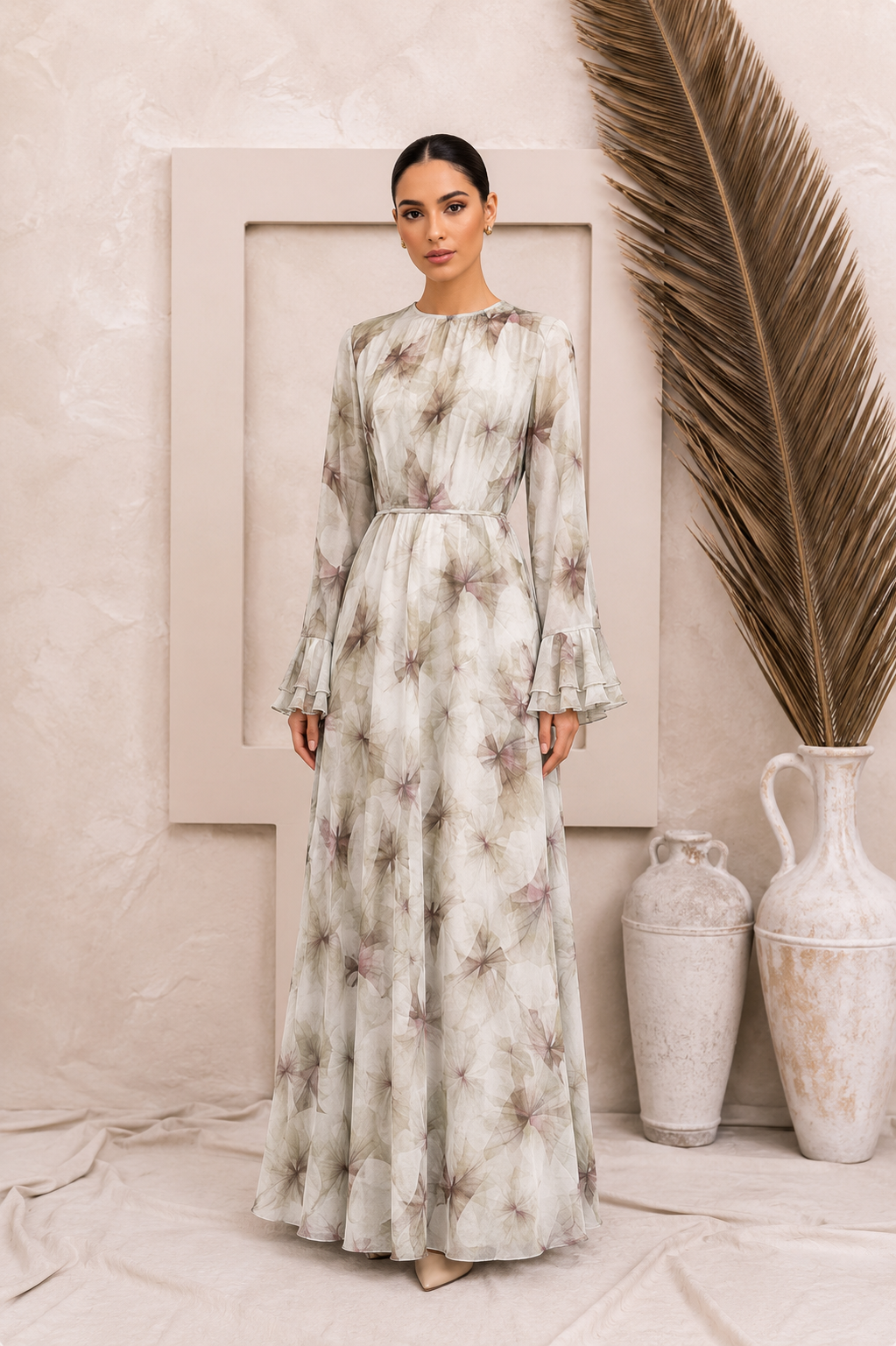 Beige Floral Chiffon Maxi Dress