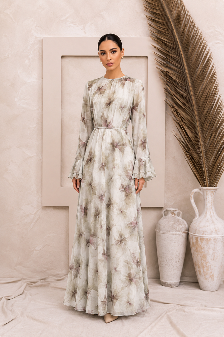Beige Floral Chiffon Maxi Dress